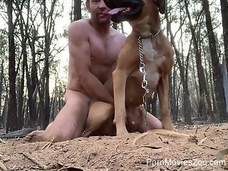 Man stands nude and enjoys sexual stimulation with his dog